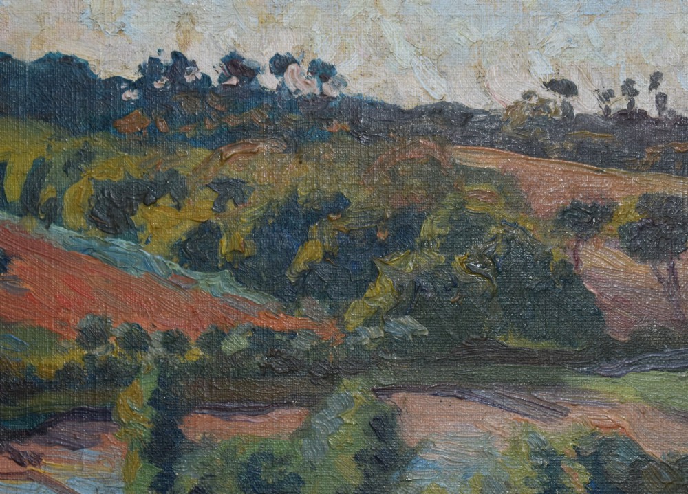 A framed Post-Impressionist oil painting displaying a rolling rural French landscape with green and terracotta fields under a light sky. View V