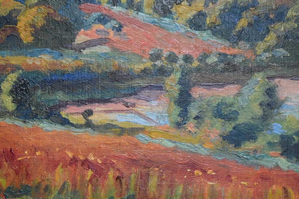 A framed Post-Impressionist oil painting displaying a rolling rural French landscape with green and terracotta fields under a light sky. View VI