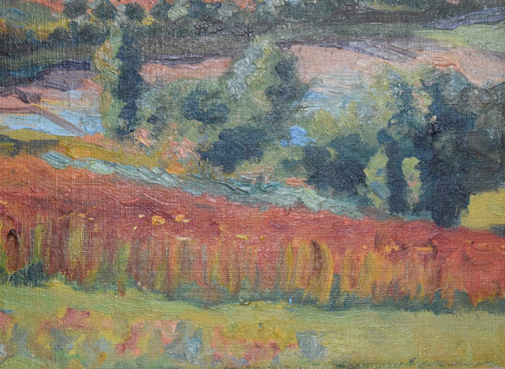 A framed Post-Impressionist oil painting displaying a rolling rural French landscape with green and terracotta fields under a light sky. View VII
