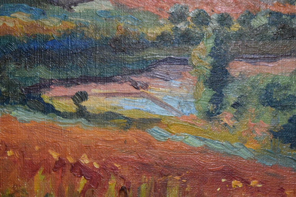 A framed Post-Impressionist oil painting displaying a rolling rural French landscape with green and terracotta fields under a light sky. View VIII