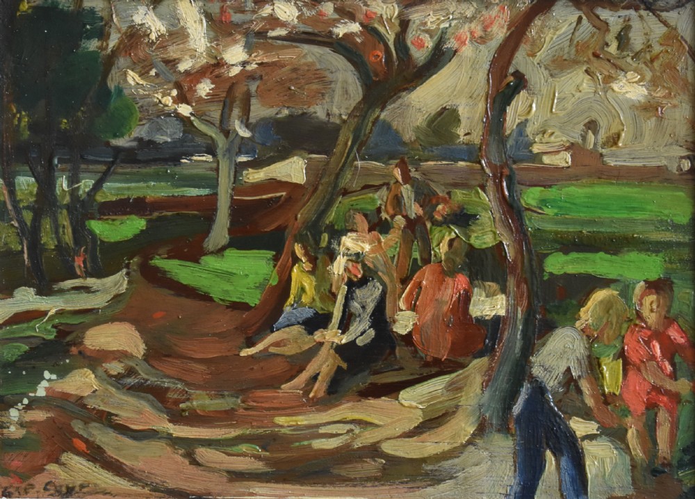 An early twentieth-century French expressionist oil painting depicting figures gathered under trees in a rural landscape with impasto brushwork.
