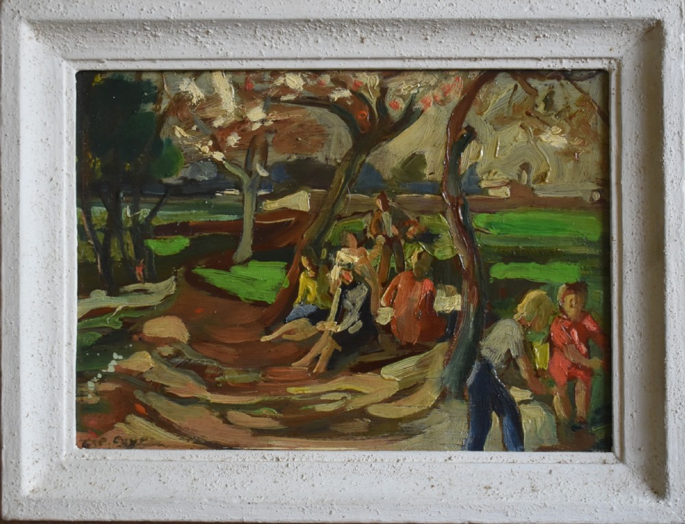 An early twentieth-century French expressionist oil painting depicting figures gathered under trees in a rural landscape with impasto brushwork. View II