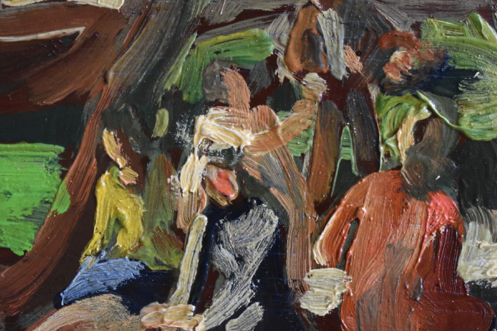 An early twentieth-century French expressionist oil painting depicting figures gathered under trees in a rural landscape with impasto brushwork. View IV