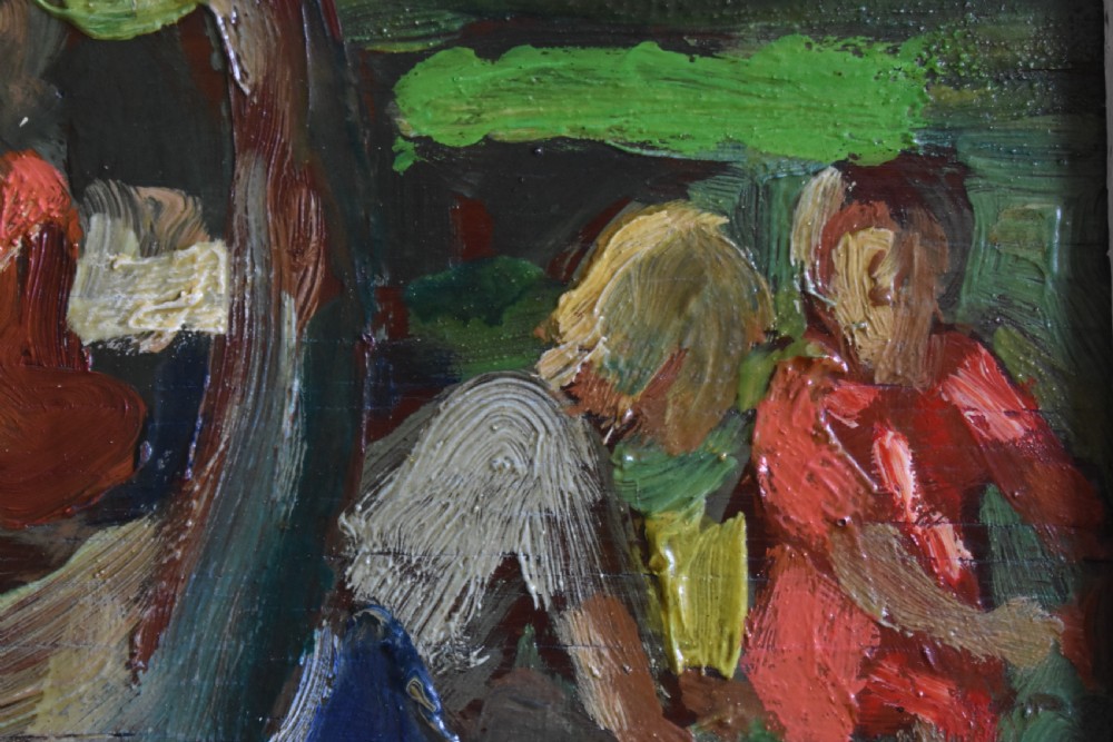 An early twentieth-century French expressionist oil painting depicting figures gathered under trees in a rural landscape with impasto brushwork. View V