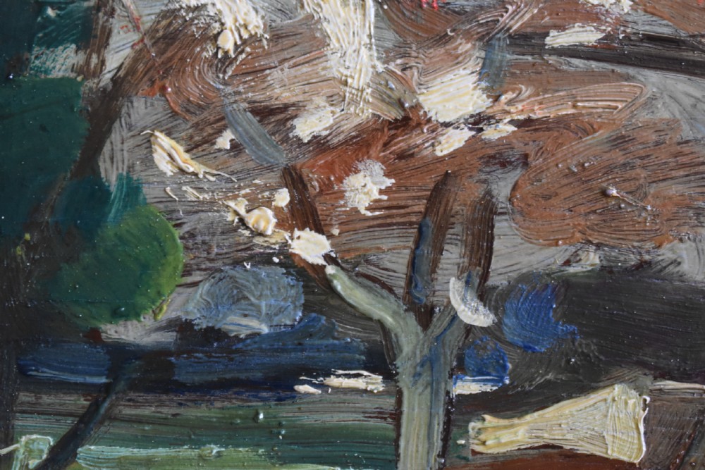 An early twentieth-century French expressionist oil painting depicting figures gathered under trees in a rural landscape with impasto brushwork. View VI