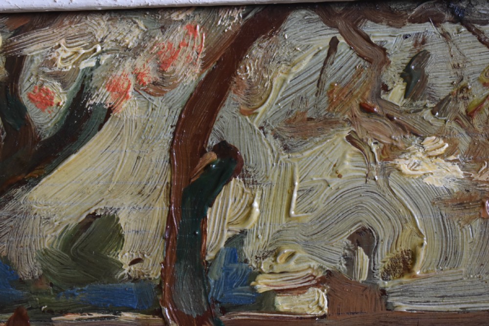 An early twentieth-century French expressionist oil painting depicting figures gathered under trees in a rural landscape with impasto brushwork. View VII