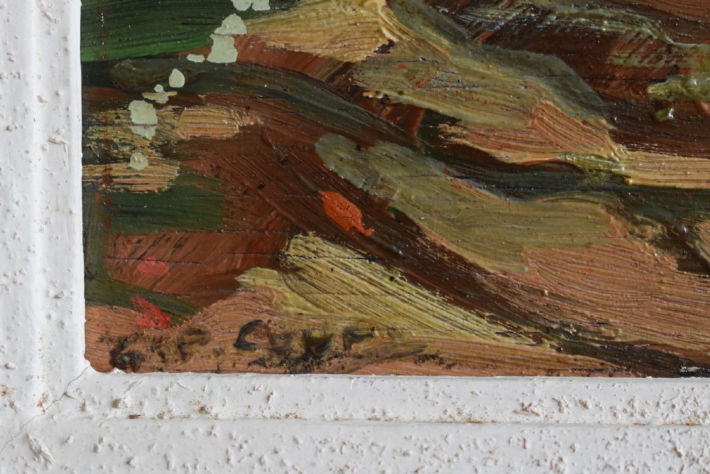 An early twentieth-century French expressionist oil painting depicting figures gathered under trees in a rural landscape with impasto brushwork. View VIII