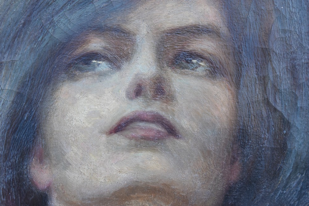 Late 19th-century Symbolist oil painting depicting a female portrait looking upward with long flowing hair blending into a blue night sky alongside a crescent moon. View III