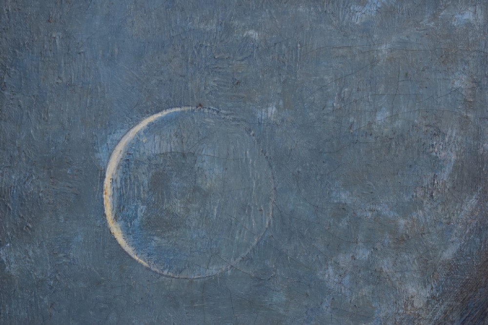 Late 19th-century Symbolist oil painting depicting a female portrait looking upward with long flowing hair blending into a blue night sky alongside a crescent moon. View IV