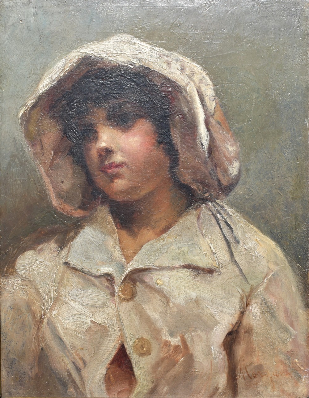 An antique oil portrait depicting a child wearing a light bonnet and coat, presented in a dark wood and gilt frame. View II