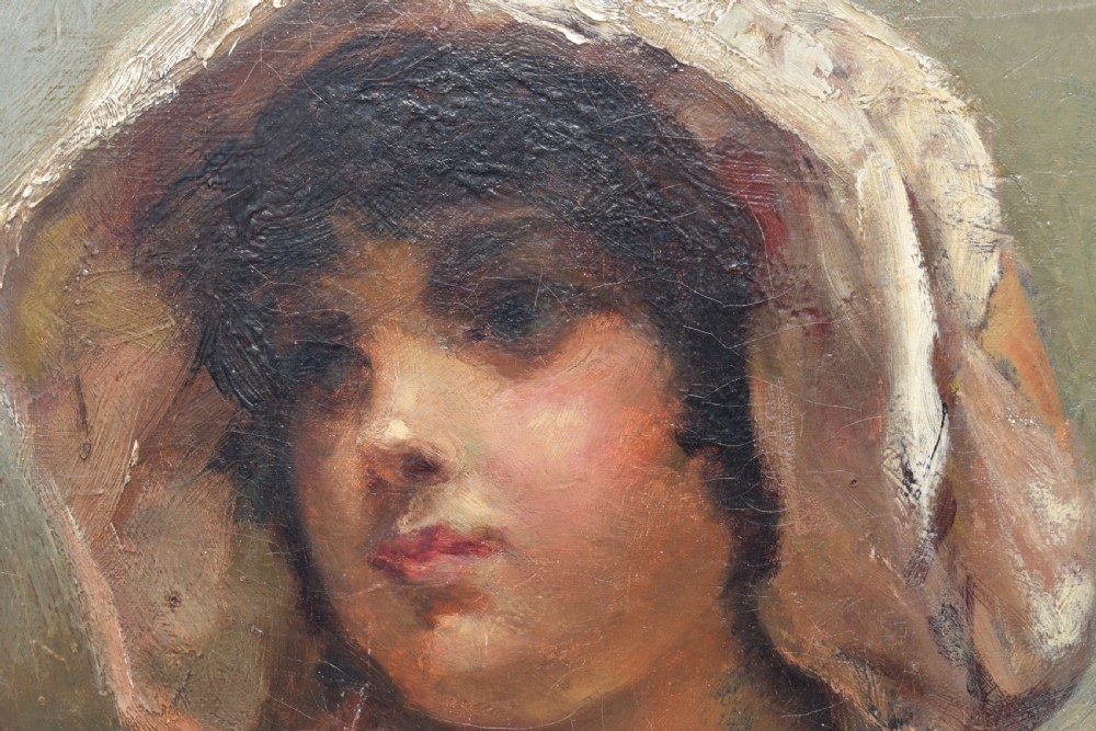 An antique oil portrait depicting a child wearing a light bonnet and coat, presented in a dark wood and gilt frame. View III