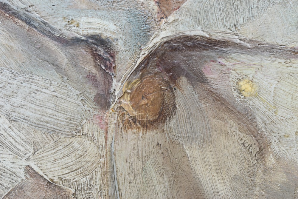 An antique oil portrait depicting a child wearing a light bonnet and coat, presented in a dark wood and gilt frame. View V