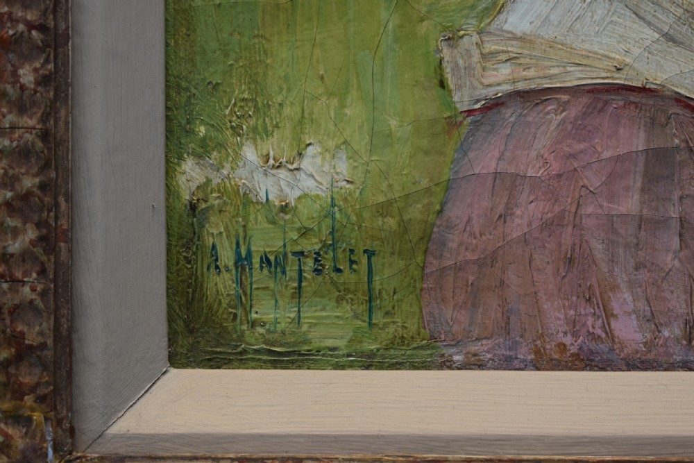 An antique oil painting depicting a woman wearing a white bonnet, framed in an ornate gilded frame with a teal slip. View II