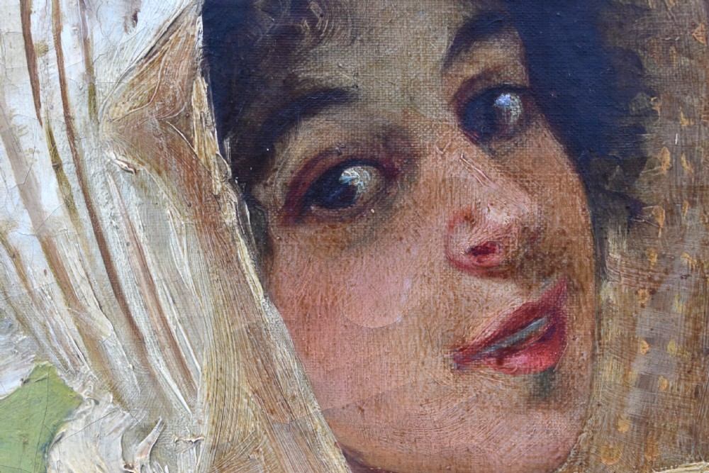 An antique oil painting depicting a woman wearing a white bonnet, framed in an ornate gilded frame with a teal slip. View III