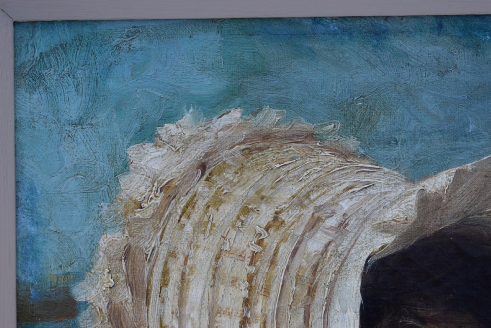 An antique oil painting depicting a woman wearing a white bonnet, framed in an ornate gilded frame with a teal slip. View IV