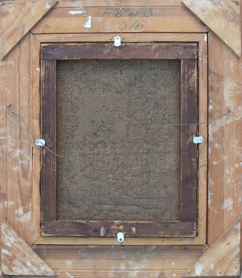 An antique oil painting depicting a woman wearing a white bonnet, framed in an ornate gilded frame with a teal slip. View VII