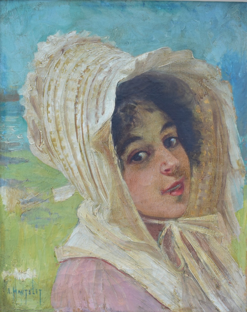 An antique oil painting depicting a woman wearing a white bonnet, framed in an ornate gilded frame with a teal slip. View VIII
