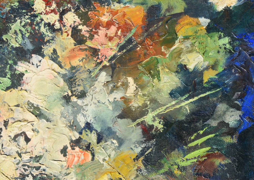 A framed mid-century French post-impressionist oil painting depicting a vibrant bouquet of flowers rendered with textured impasto brushwork in a dark vase. View II