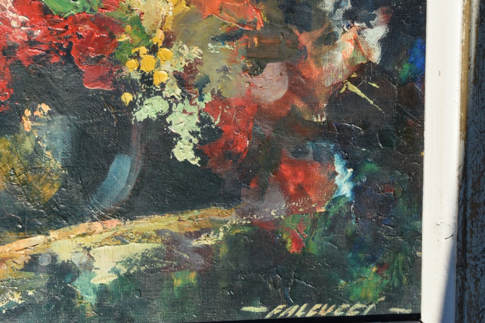 A framed mid-century French post-impressionist oil painting depicting a vibrant bouquet of flowers rendered with textured impasto brushwork in a dark vase. View III