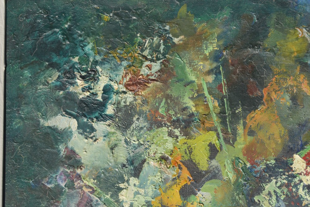 A framed mid-century French post-impressionist oil painting depicting a vibrant bouquet of flowers rendered with textured impasto brushwork in a dark vase. View IV