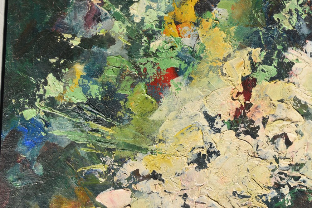 A framed mid-century French post-impressionist oil painting depicting a vibrant bouquet of flowers rendered with textured impasto brushwork in a dark vase. View V
