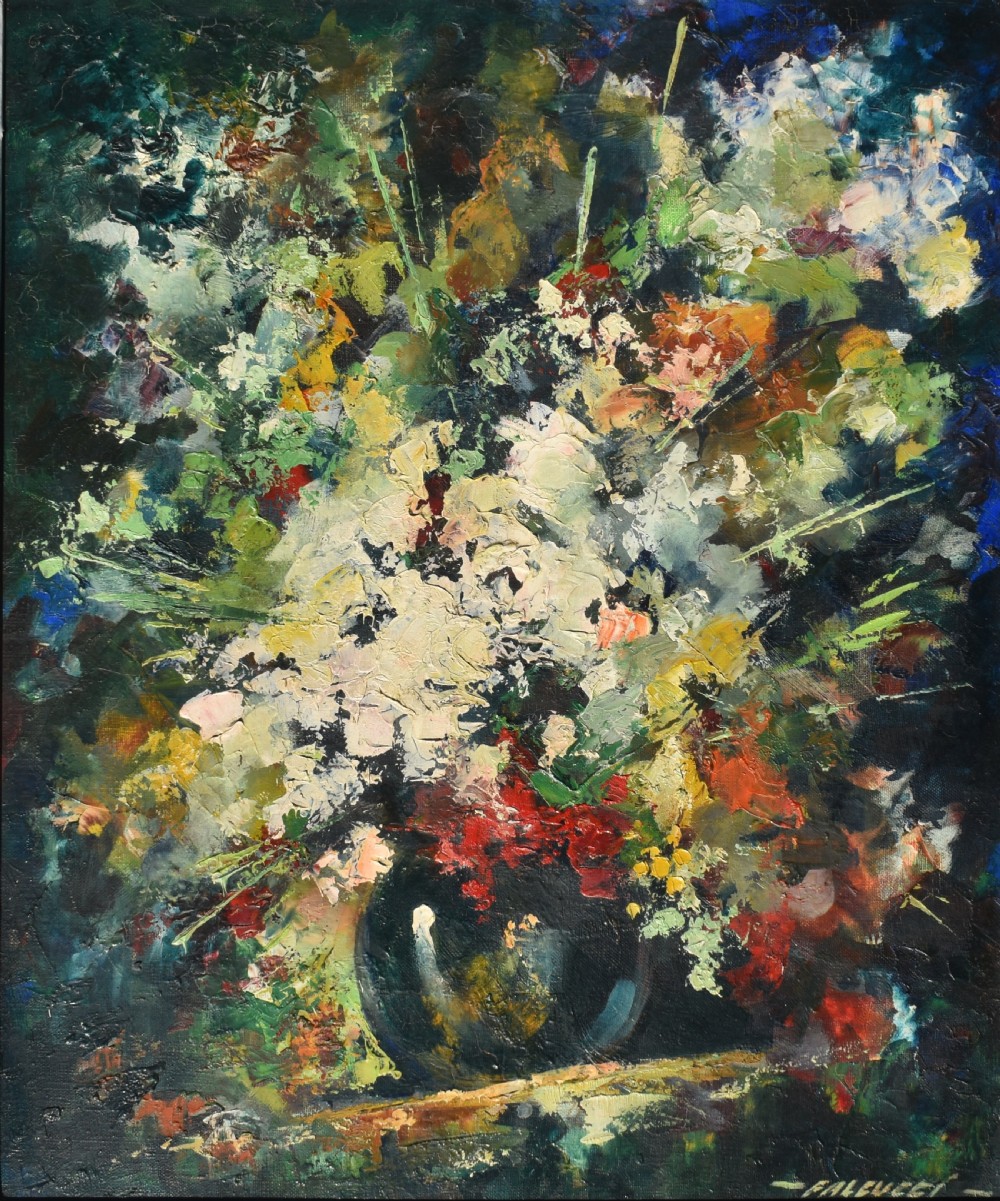 A framed mid-century French post-impressionist oil painting depicting a vibrant bouquet of flowers rendered with textured impasto brushwork in a dark vase. View VII