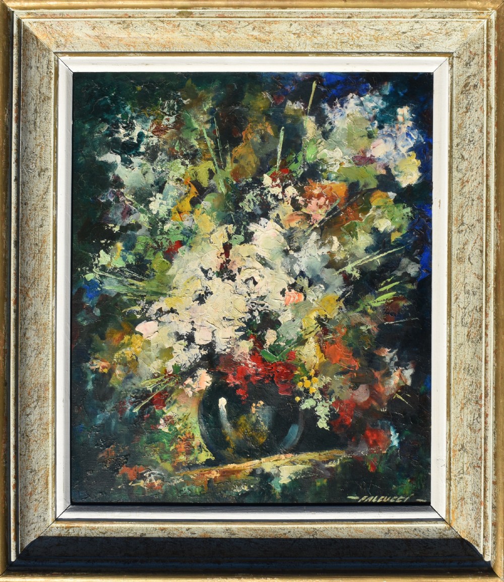 A framed mid-century French post-impressionist oil painting depicting a vibrant bouquet of flowers rendered with textured impasto brushwork in a dark vase. View VIII