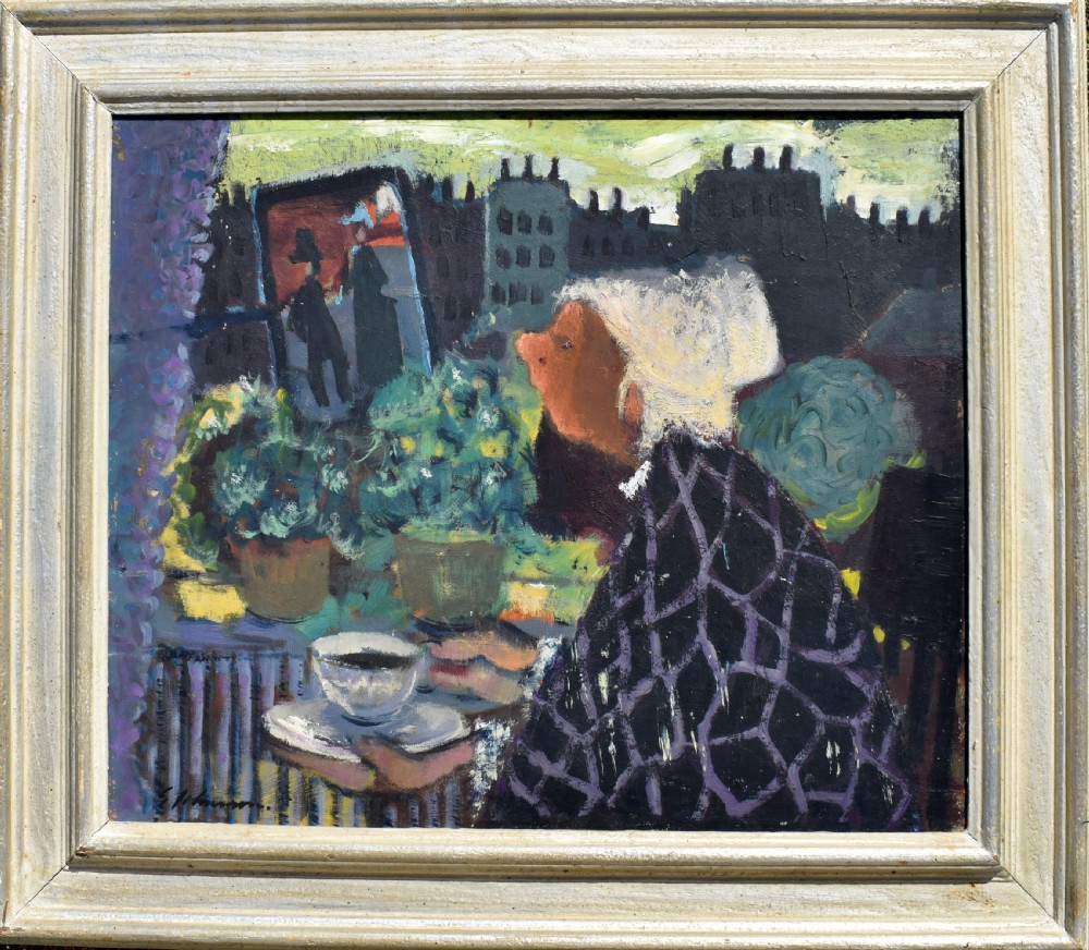 A mid-century modern oil painting depicting a profile view of a figure by a window alongside potted plants and a city skyline, presented in a painted wooden frame.