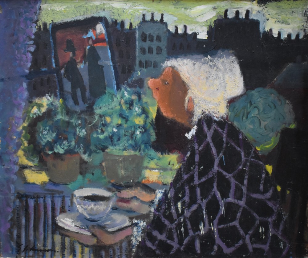 A mid-century modern oil painting depicting a profile view of a figure by a window alongside potted plants and a city skyline, presented in a painted wooden frame. View II