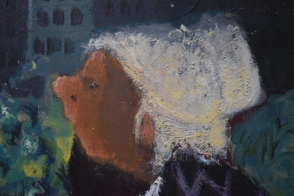 A mid-century modern oil painting depicting a profile view of a figure by a window alongside potted plants and a city skyline, presented in a painted wooden frame. View III