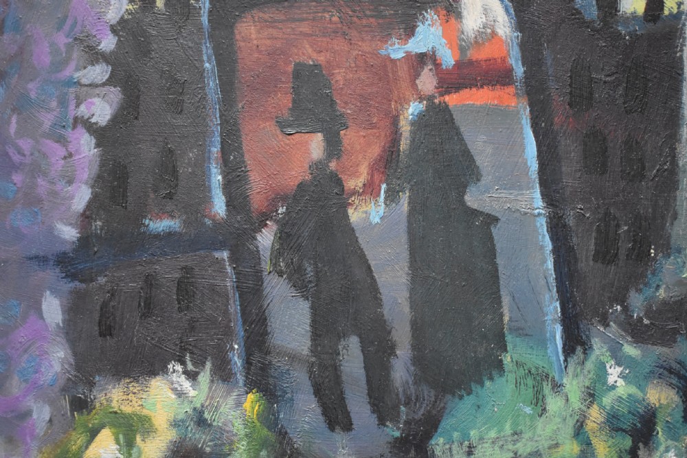 A mid-century modern oil painting depicting a profile view of a figure by a window alongside potted plants and a city skyline, presented in a painted wooden frame. View IV