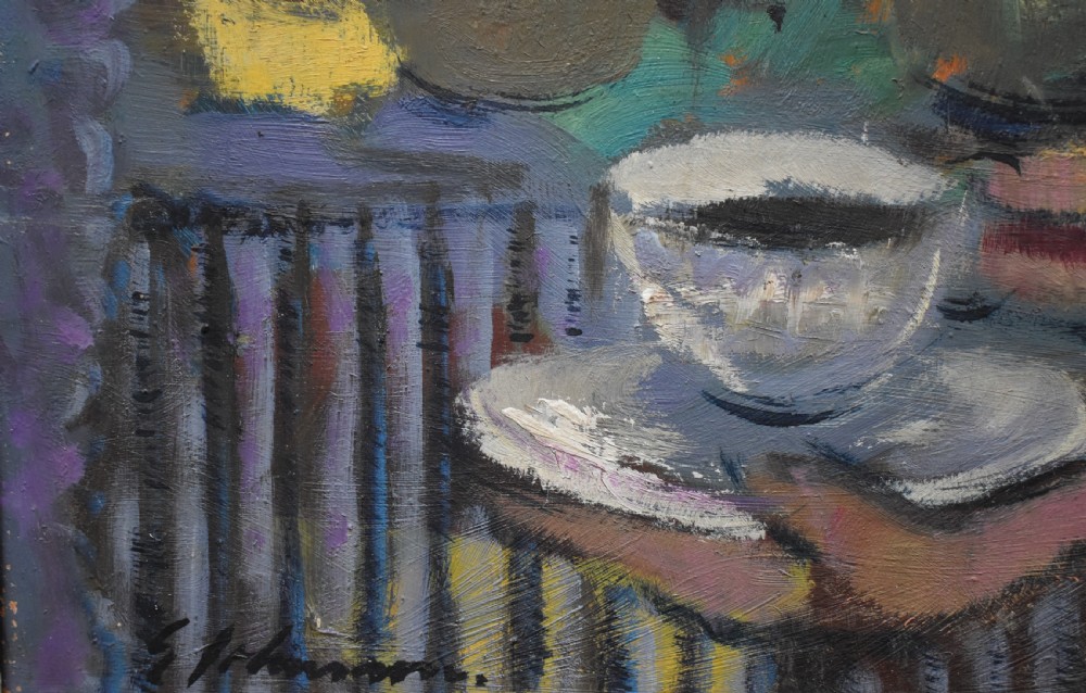 A mid-century modern oil painting depicting a profile view of a figure by a window alongside potted plants and a city skyline, presented in a painted wooden frame. View V