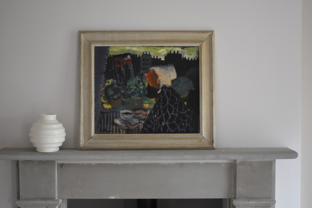 A mid-century modern oil painting depicting a profile view of a figure by a window alongside potted plants and a city skyline, presented in a painted wooden frame. View VIII