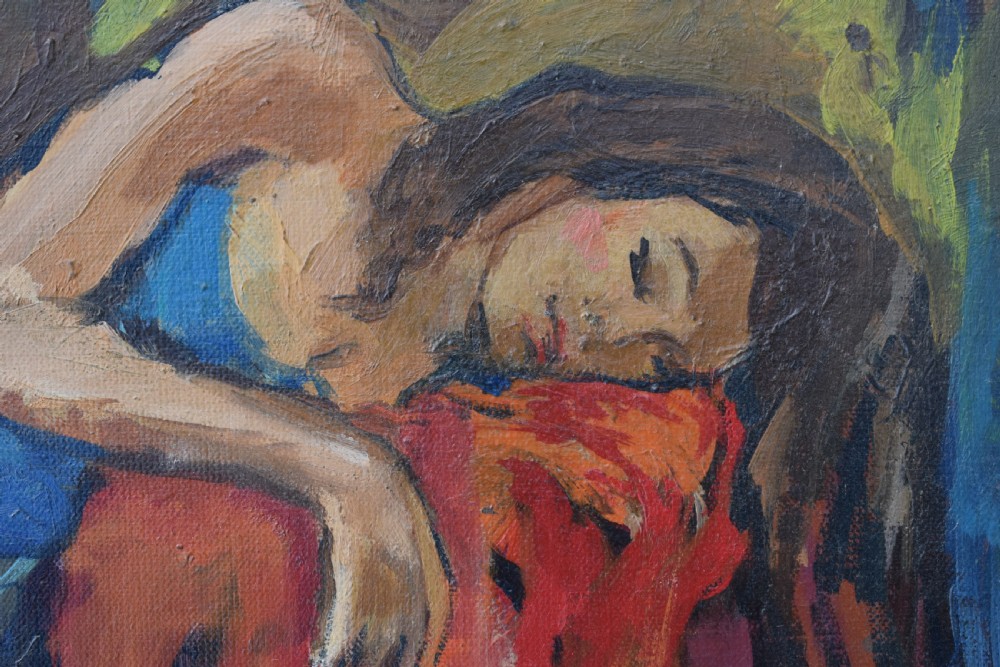 A framed French Post-Impressionist oil painting depicting a reclining woman in a blue dress inside a warm ochre and red interior. View II