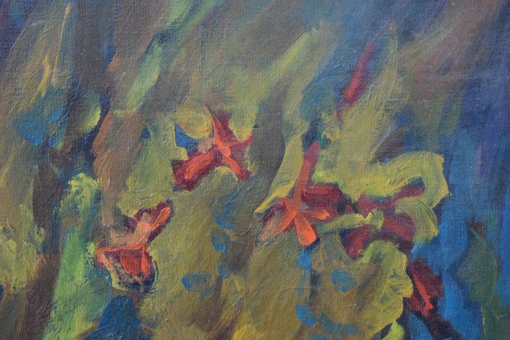A framed French Post-Impressionist oil painting depicting a reclining woman in a blue dress inside a warm ochre and red interior. View III