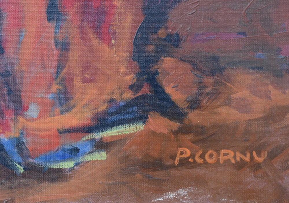 A framed French Post-Impressionist oil painting depicting a reclining woman in a blue dress inside a warm ochre and red interior. View IV