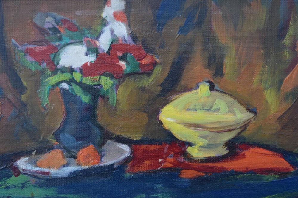 A framed French Post-Impressionist oil painting depicting a reclining woman in a blue dress inside a warm ochre and red interior. View V