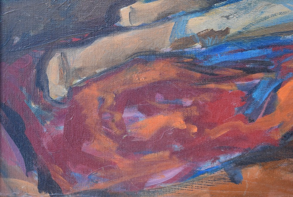 A framed French Post-Impressionist oil painting depicting a reclining woman in a blue dress inside a warm ochre and red interior. View VI