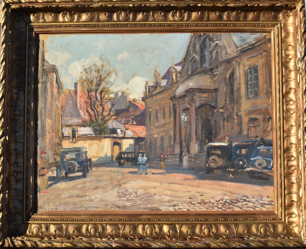A Post-Impressionist oil painting depicting an urban street scene in Dijon with vintage cars parked alongside historic buildings, housed within a carved gilt frame.