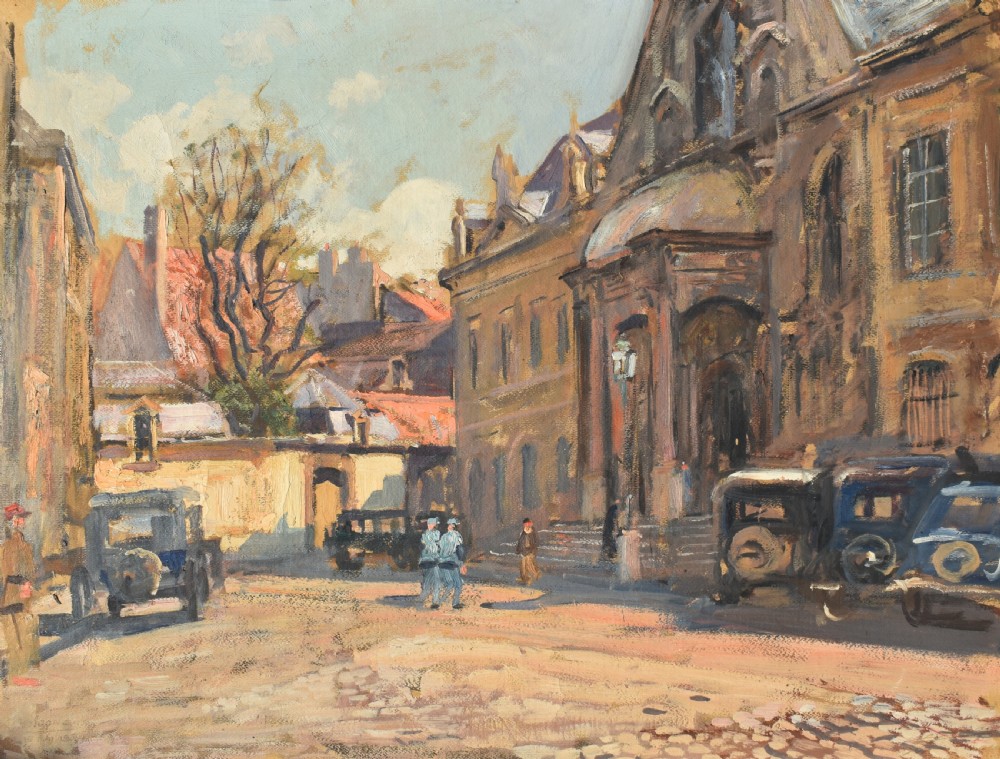 A Post-Impressionist oil painting depicting an urban street scene in Dijon with vintage cars parked alongside historic buildings, housed within a carved gilt frame. View II