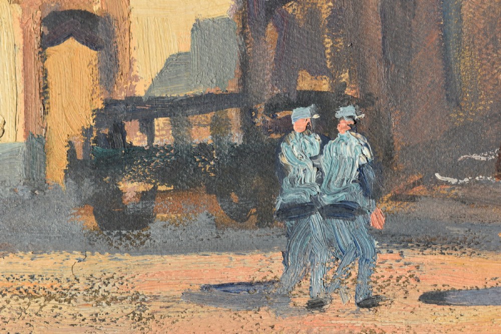 A Post-Impressionist oil painting depicting an urban street scene in Dijon with vintage cars parked alongside historic buildings, housed within a carved gilt frame. View III
