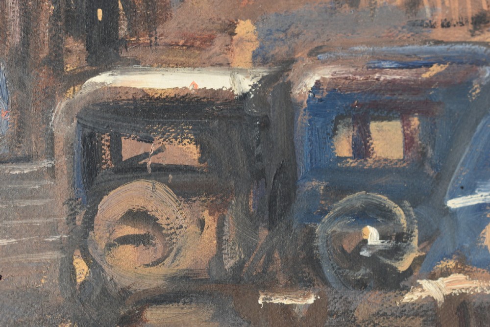 A Post-Impressionist oil painting depicting an urban street scene in Dijon with vintage cars parked alongside historic buildings, housed within a carved gilt frame. View IV