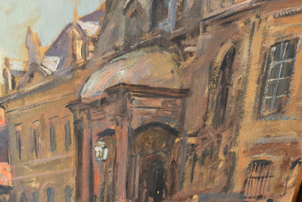 A Post-Impressionist oil painting depicting an urban street scene in Dijon with vintage cars parked alongside historic buildings, housed within a carved gilt frame. View V