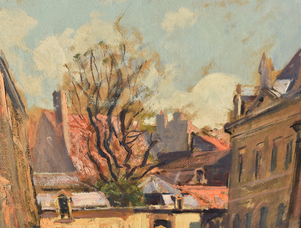 A Post-Impressionist oil painting depicting an urban street scene in Dijon with vintage cars parked alongside historic buildings, housed within a carved gilt frame. View VI