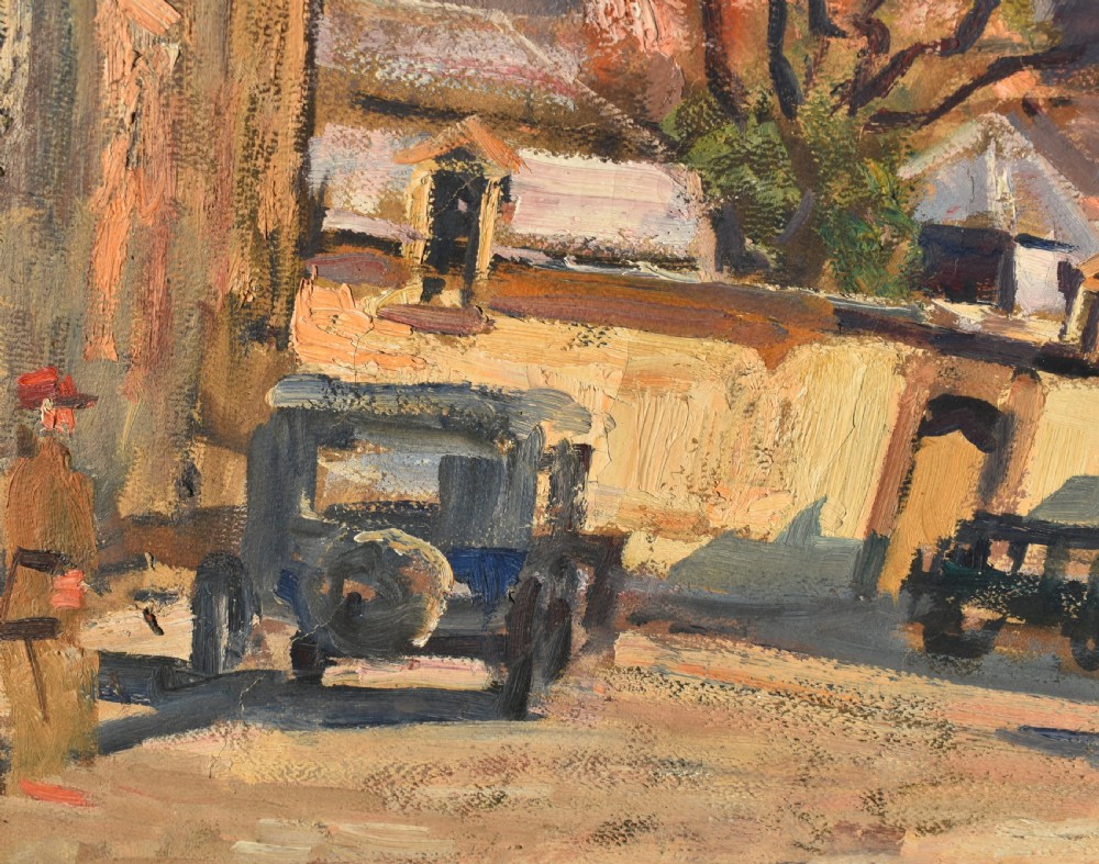 A Post-Impressionist oil painting depicting an urban street scene in Dijon with vintage cars parked alongside historic buildings, housed within a carved gilt frame. View VII