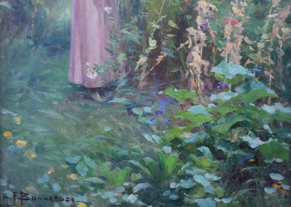 An oil painting depicting a woman wearing a straw hat and pink dress standing in a lush green garden, framed in an ornate gold giltwood frame. View III