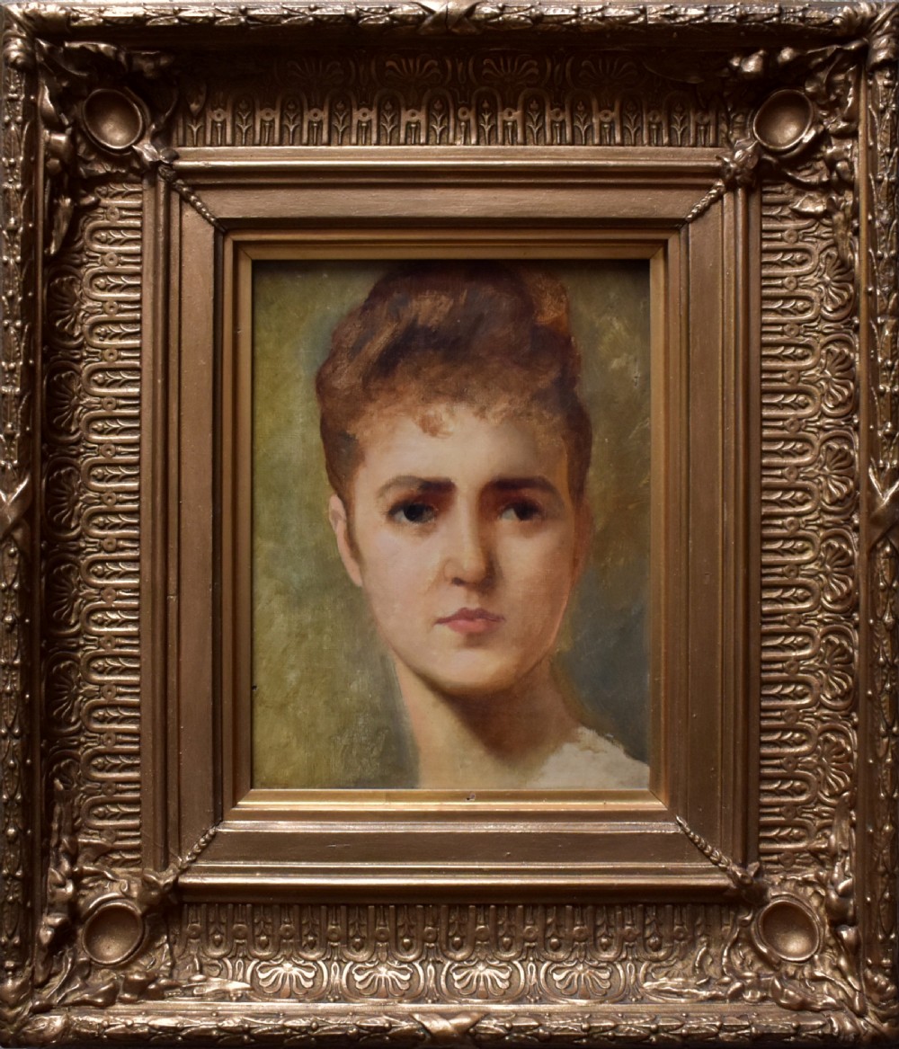An antique 19th-century oil painting depicting the head-and-shoulders portrait of a woman with a high updo hairstyle against a neutral beige background. View III