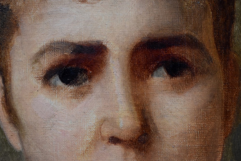 An antique 19th-century oil painting depicting the head-and-shoulders portrait of a woman with a high updo hairstyle against a neutral beige background. View IV