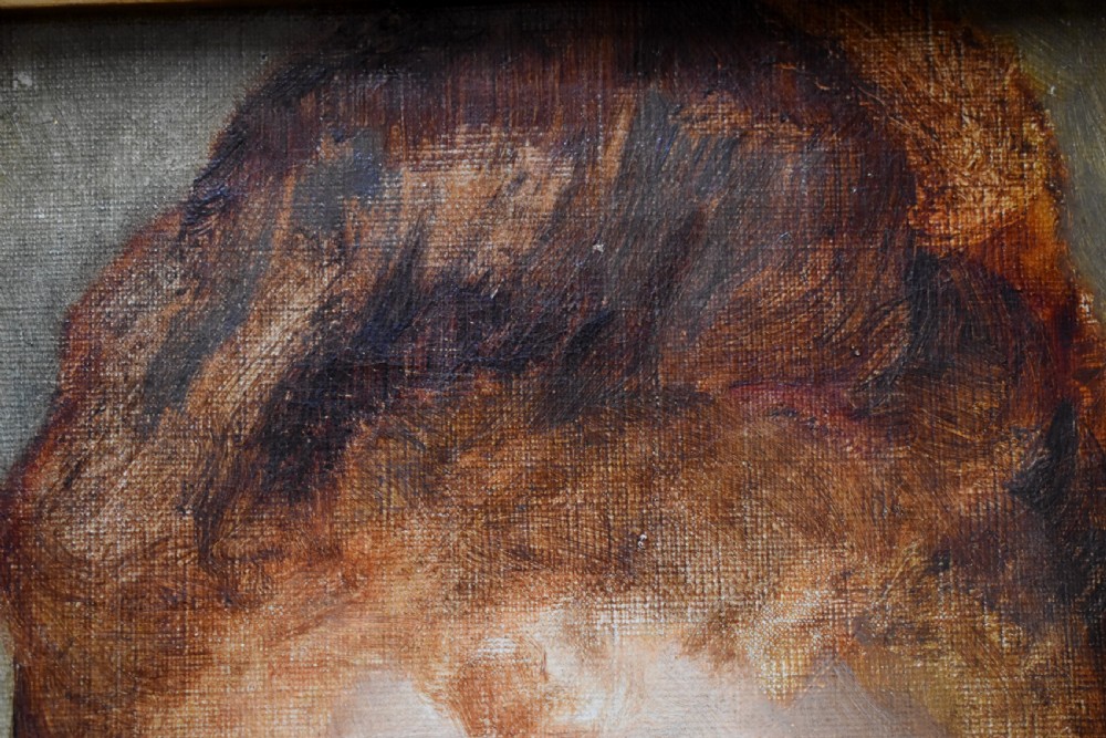 An antique 19th-century oil painting depicting the head-and-shoulders portrait of a woman with a high updo hairstyle against a neutral beige background. View V