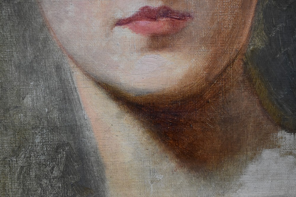 An antique 19th-century oil painting depicting the head-and-shoulders portrait of a woman with a high updo hairstyle against a neutral beige background. View VI
